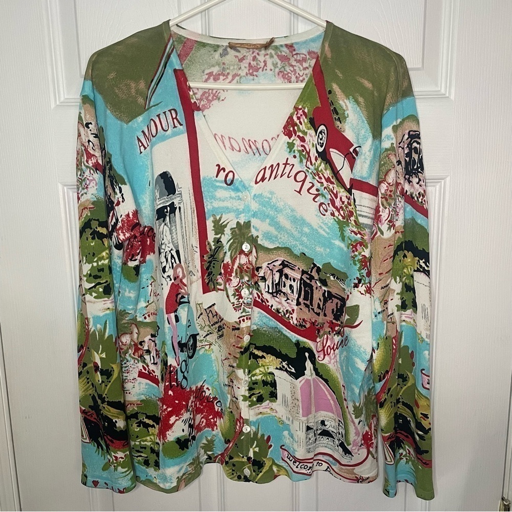 Mulberry Vintage Amour France Paris Printed Button Down Cardigan Sweater Medium
